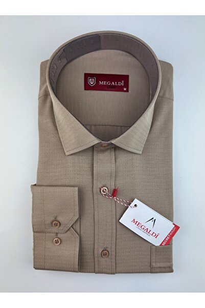 MEGALDİ Erkek Klasik Kesim Armürlü Bej Uzun Kollu Gömlek