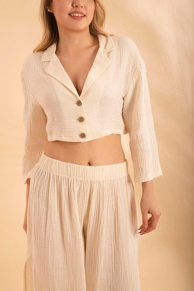 Bonitas Beachwear Κρέμα Μουσλίνα Με Κουμπιά Crop Bnts-23028