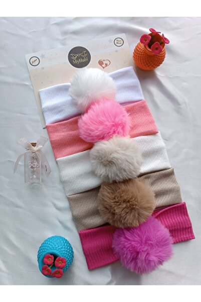 MyHubi 5-Piece Combination (Boxed) Handmade Baby Girl Rabbit Hair Pompom Bandana