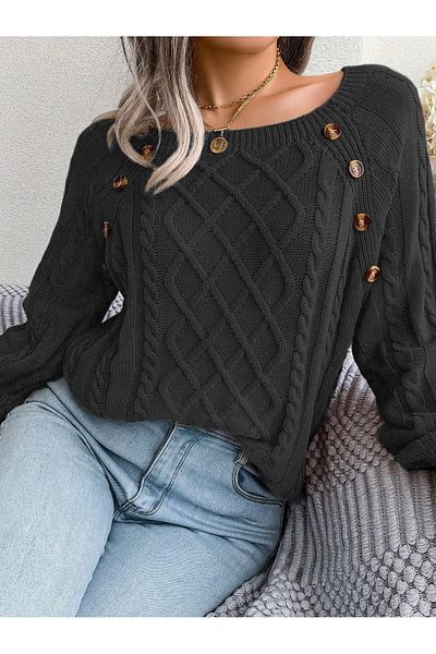AQE FASHION Pulover de damă, cu gât de barcă, tricot de păr, cu model, cu nasturi, detaliat, tricotaje