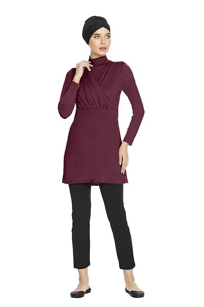 hazelin Women's Hijab Claret Red Long Sleeve Boneli Full Covered Tights Lycra Dress Swimsuit HZL24S-AR1285-09