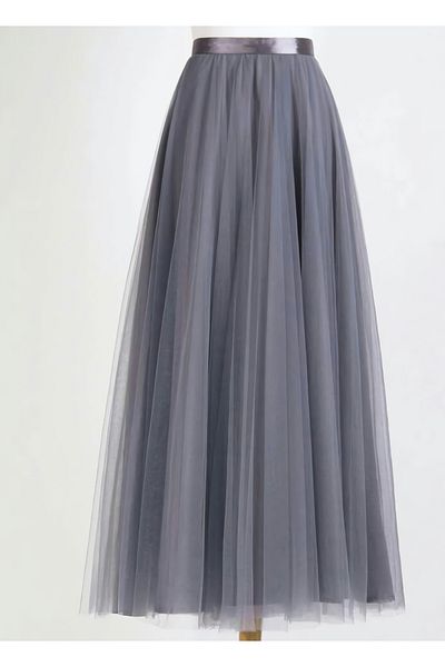 NSMLİFE High Waist and Pleated Gray Tulle Skirt - Comfortable, 95 cm Long