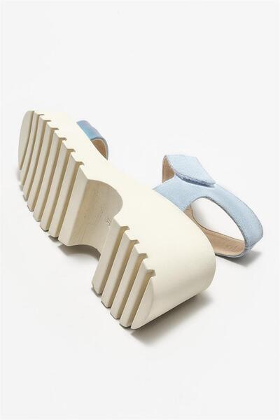 Elle Shoes Blue Leather Women's Wedge Heeled Sandals