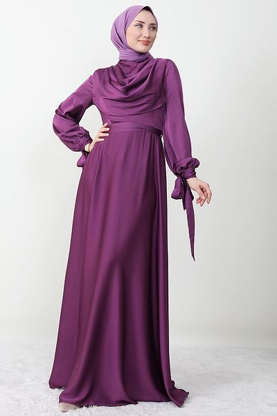 GİZ AGİYİM Sleeve Tied Degaje Evening Dress Purple