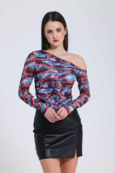 HMY Tek Omuzlu, Uzun Kollu Tül, Desenli Bluz