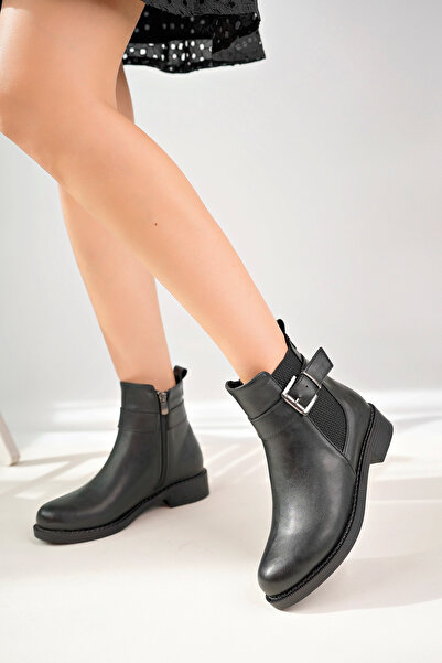 Nexs حذاء نسائي من الجلد الأسود مزود بإبزيم بسحاب