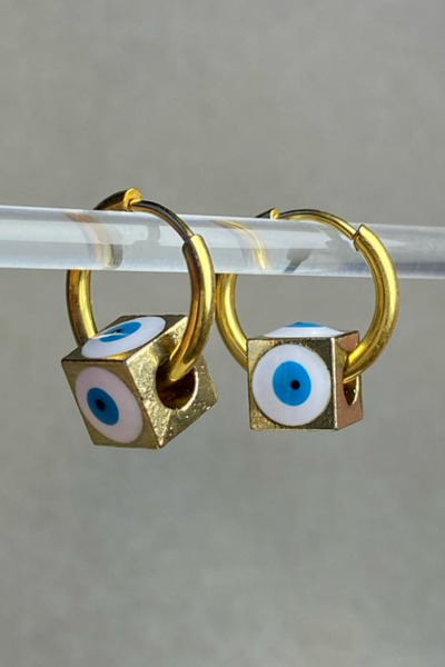 Jaida Moda Women's Gold Stainless Steel Evil Eye Bead Patterned Charm Dangle Hoop Earrings