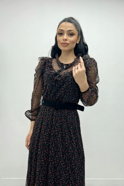 giyimmasalı Tulle Fabric Flog Print Floral Midi Dress - BLACK