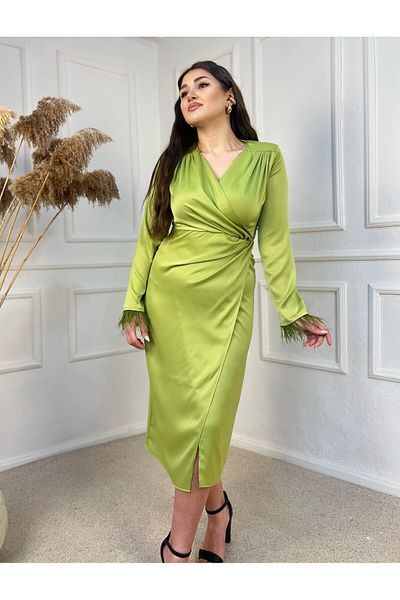 ROSSA Satin Dress with Feather Sleeve