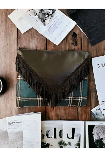 Siyah Suni Deri Yeşil Ekose Clutch Portföy El Çantası