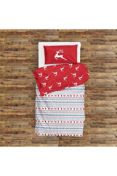 The Lucid Lab Kırmızı Geyikli Yılbaşı Çift Taraflı Nevresim Takımı - 160 Cm X 220 Cm