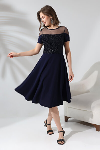 Fasmia LACİVERT OMUZU AÇIK YAKA SİMLİ ELBİSE F134