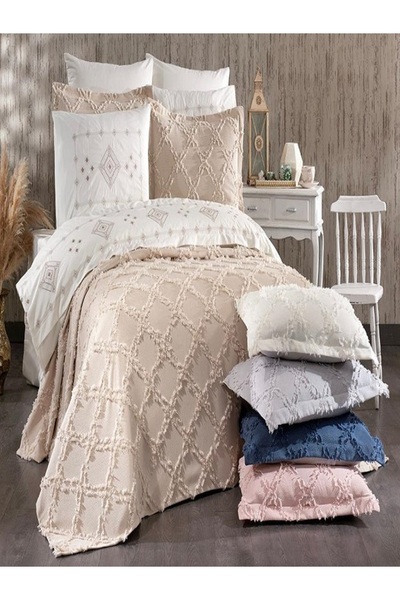 Dream Of Lady Elegant 9 Piece Cream Color Bridal Set 100% Cotton Pique Duvet Cover Set Dowry Set