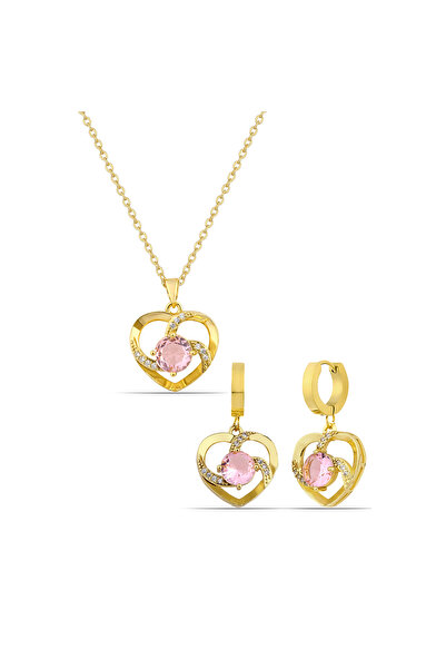 Forentina Pembe Taşlı Çelik Kalp Kolye Küpe Kombin Set Ps3334