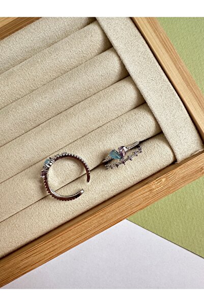 ringbox Gümüş Renkli Mor ve Mavi Damla Detaylı Yüzük