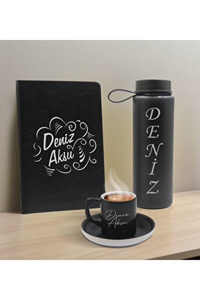 Bk Gift Kişiye Özel İsimli Siyah Defter, Cam Matara ve Türk Kahvesi Fincanı H...