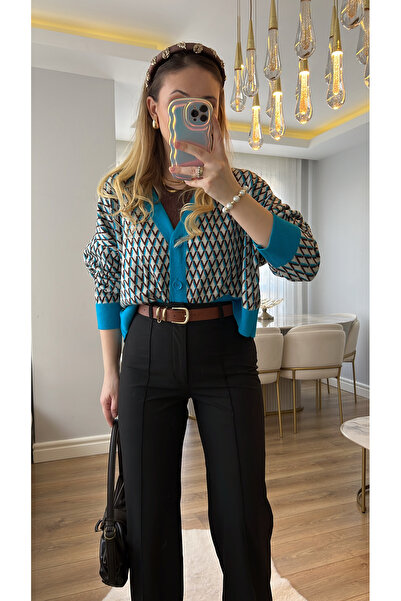 Narferita MNG Modrý Hnědý Vintage vzorovaný Cardigan