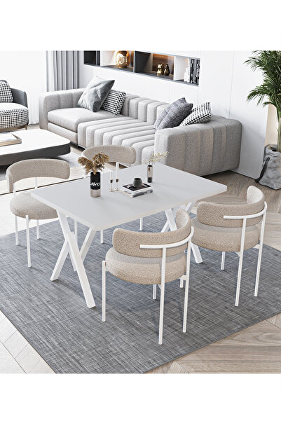 AVVİO Beyaz Teddy Sandalye 80x120 Yemek Masası Mutfak Masası 4 Kişilik Masa Sandalye Takımı