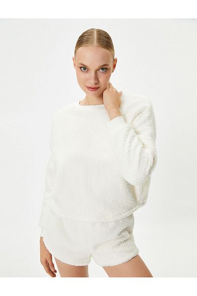 Koton Fleece-Pyjama-Oberteil mit langen Ärmeln und Rundhalsausschnitt