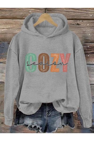 Khione Unisex Cozy Printed Hooded Oversize φούτερ με κουκούλα