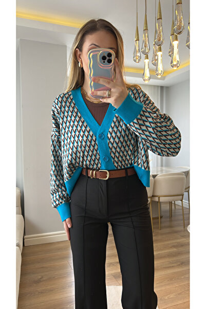 Narferita MNG Modrý Hnědý Vintage vzorovaný Cardigan