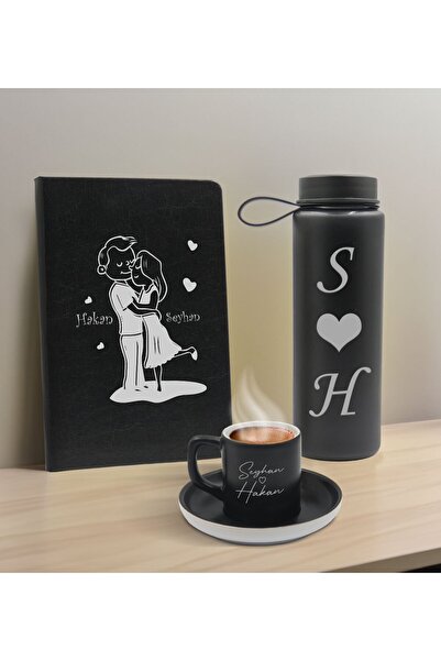 Bk Gift Sevgiliye Özel İsimli Siyah Defter, Cam Matara ve Türk Kahvesi Fincan...