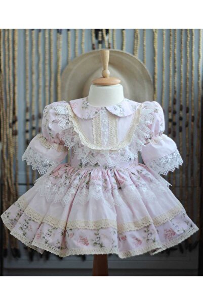 Sema sökücü Pembe Çiçekli Yoğun Dantelli Özel Gün Elbisesi