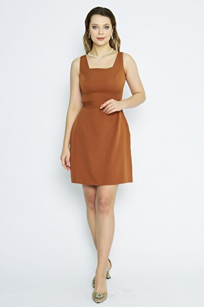Bidoluelbise Women's Square Collar Wide Brim Sleeveless Above Knee Cinnamon Dress