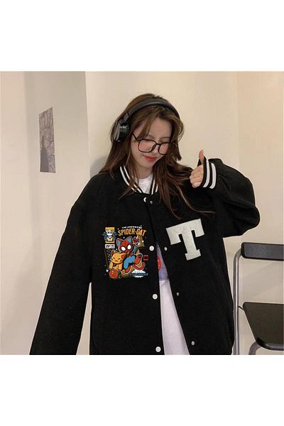 Touz Moda Unisex oversize čierna vysokoškolská bunda s potlačou Spider-Cat