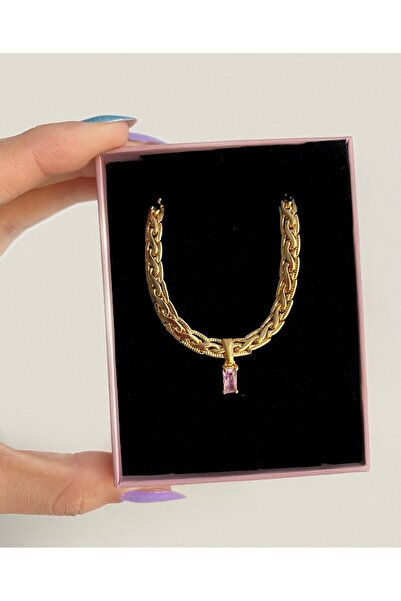 h&b design jewel Vintage Zincirde Pembe Baget Taşlı Choker