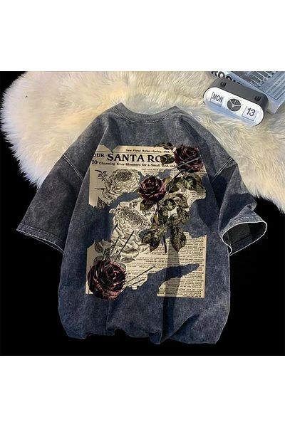 Gofeel Tech Aesthetic Washed Streetwear Rose με στάμπα Unisex Oversize Vintage T-shirt