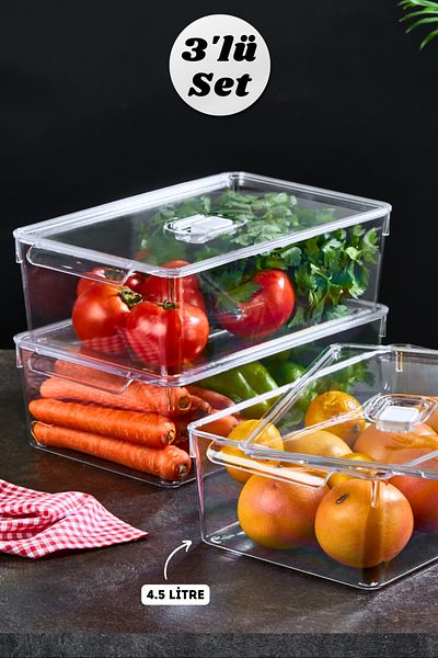 MİHEL Gloss XL 3-Piece Fridge and Cabinet Organizer with Lid - Home Organizer Storage Container