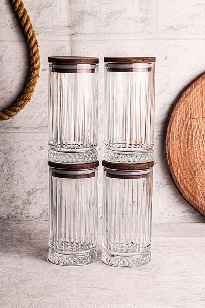 Snippy Mira 4-Piece Wooden Vacuum Glass Storage Container with Lid 450 ml 4 Pieces