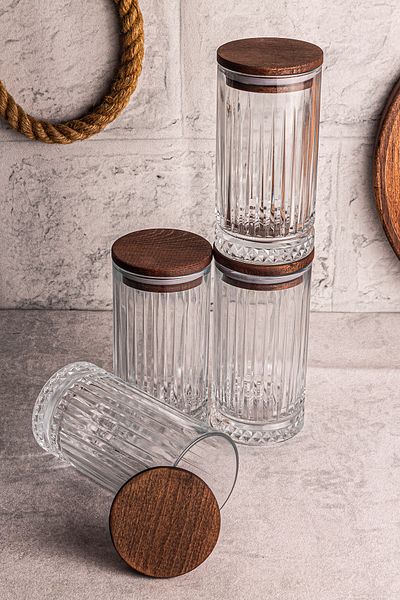 Snippy Mira 4-Piece Wooden Vacuum Glass Storage Container with Lid 450 ml 4 Pieces