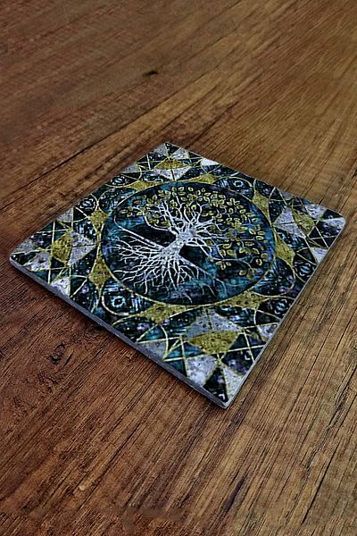 Begoloni Stone Decor Natural Stone Trivet 15x15cm Tree of Life Printed Natural Stone Trivet -295