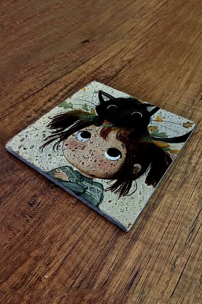 Begoloni Stone Decor 20X20Cm Trivet Natural Stone - Girl and Cat Pattern Printed, Teapot Base