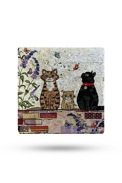 Begoloni Stone Decor 15X15Cm Cat Printed Natural Stone Trivet - Teapot Base Pot Pan