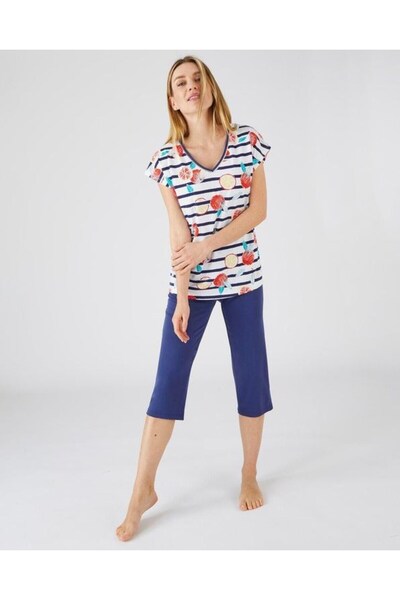 Kübra Tekstil Printed Striped Double Pajamas Set