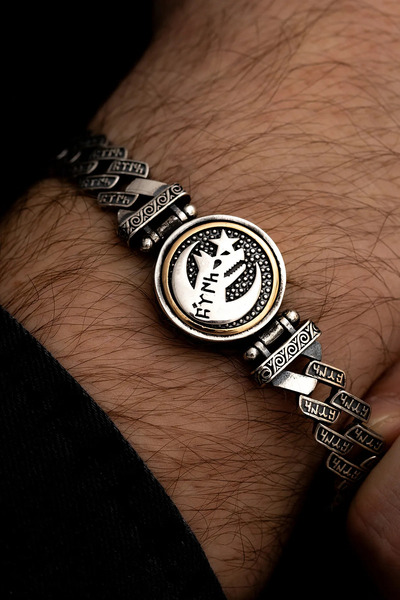 htc gümüş sepeti Erkek Gümüş Bileklik - Göktürkçe Türk Yazılı Bozkurt Ve Ayyı...