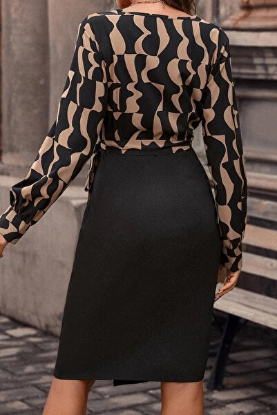 JANES Γυναικείο μακρυμάνικο φόρεμα με διπλό στήθος με ψηφιακή στάμπα με λεπτομέρεια φιόγκου Atlas