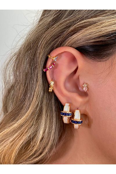 h&b design jewel Imported Navy Blue Stone Detailed Hoop Earrings