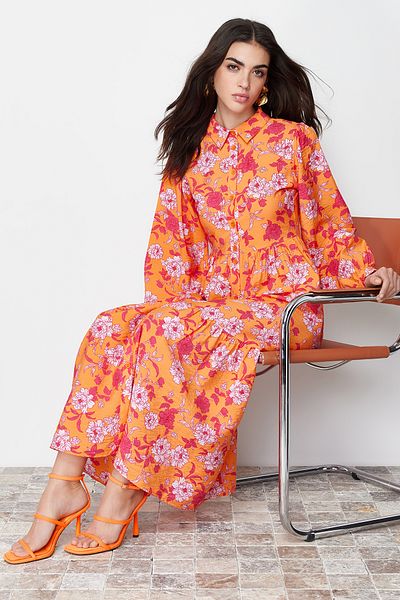 Trendyol Modest Πορτοκαλί φλοράλ μοτίβο πουκάμισο TCTSS24EB00073