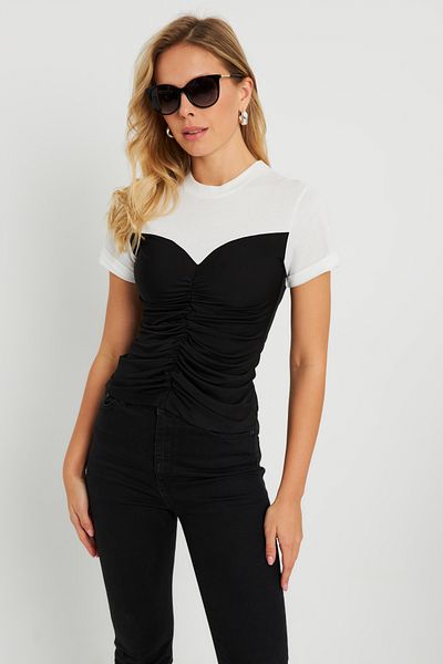 Cool & Sexy Bluzka damska Marszczony T-Shirt Czarno-Biała KS117