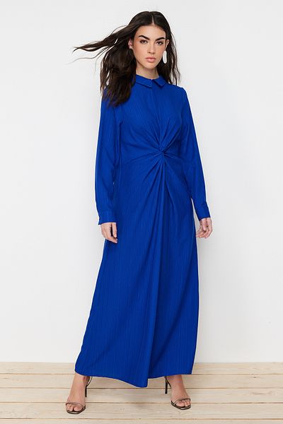 Trendyol Modest Λεπτομερές υφαντό φόρεμα Saks με κόμπο και φερμουάρ TCTSS23EB00137