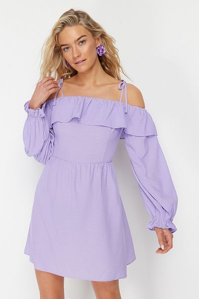 Trendyol Collection Rochie de plajă cu volane mini țesute roz TBESS24EL00008