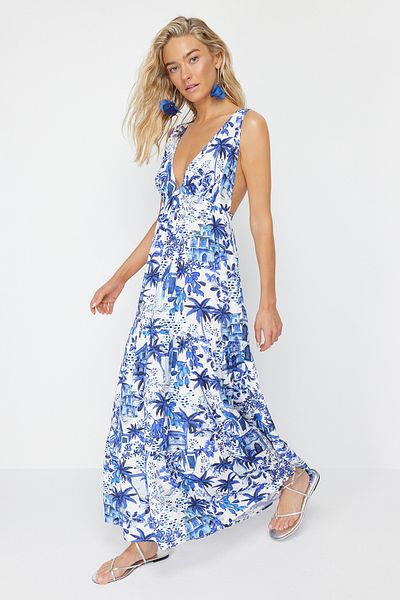 Trendyol Collection Tropical Patterned Maxi Woven Backless Beach Dress TBESS24EL00009