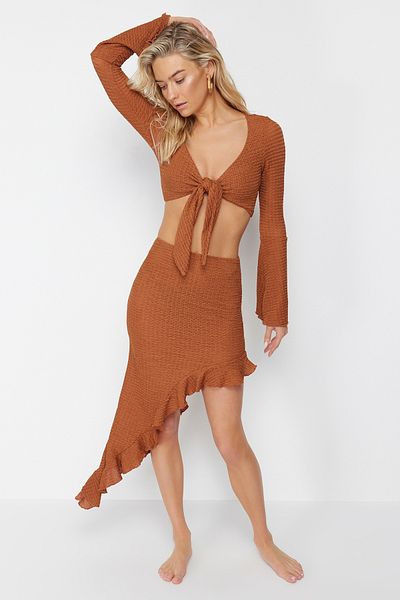 Trendyol Collection Brown Fitted Woven Ruffled Blouse Skirt Set TBESS23AU00040