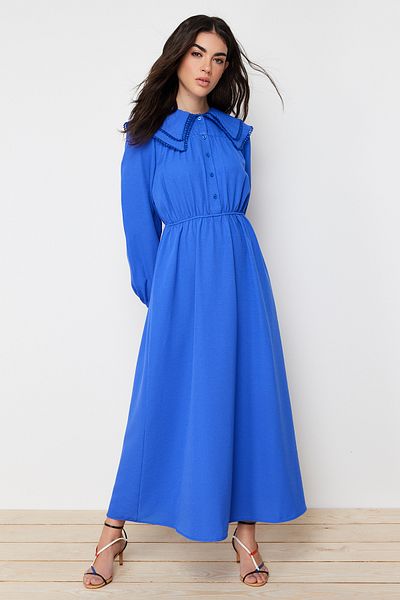 Trendyol Modest Πλεκτό λινό φόρεμα με μπλε γιακά μωρό TCTSS24EB00061