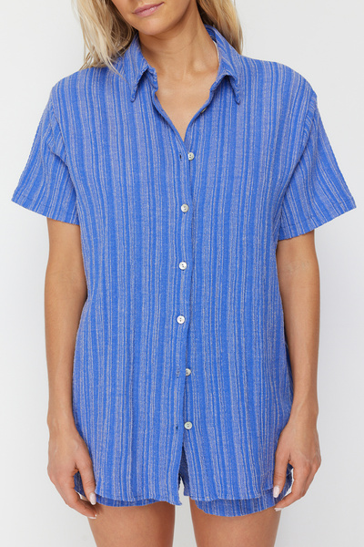 Trendyol Collection Plážová sada košile a šortek ze směsi lnu v námořnické modré - TBESS23AU00054