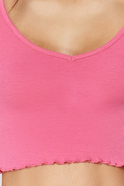 Trendyol Collection Pink Pool Collar Baby Overlock Detailed Crop Ribbed Stretchy Knitted Blouse TWOSS24BZ00197